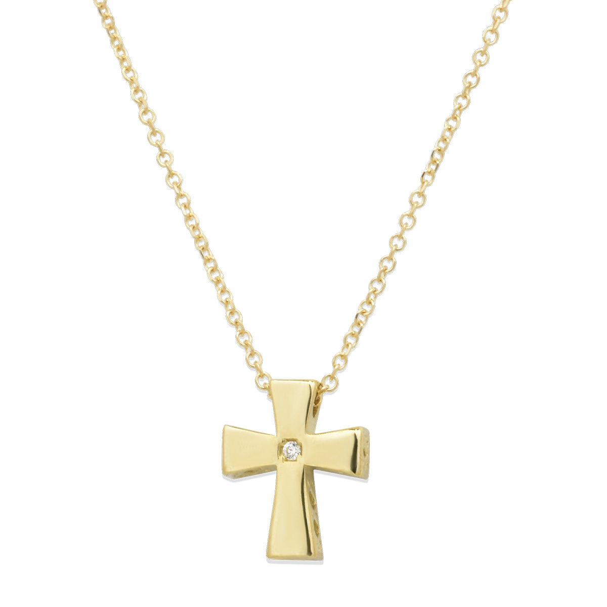 Χρυσός σταυρός διπλής όψης Κ14 με αλυσίδα και ζιργκόν Κ
